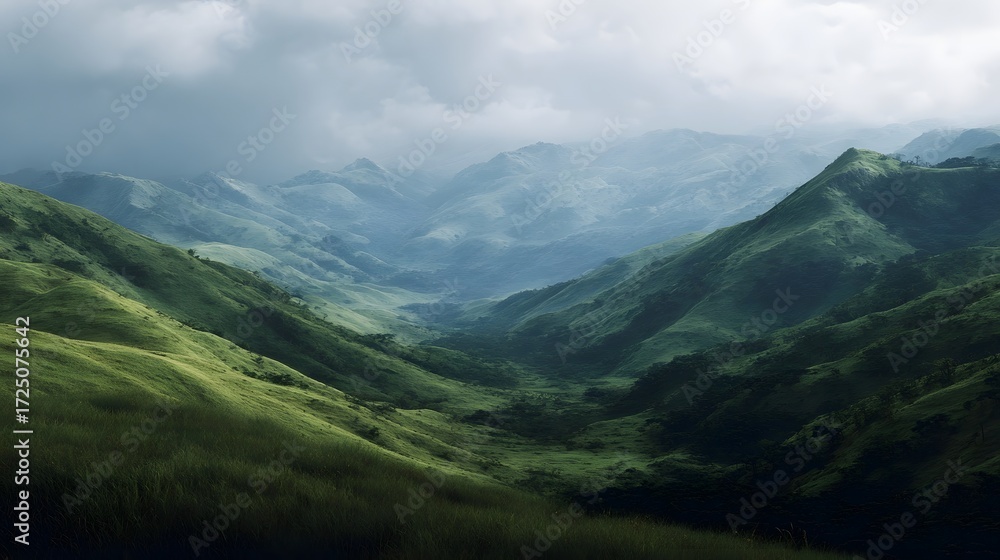 Naklejka premium A vast verdant valley unfolds between rolling green mountains under a dramatic overcast sky
