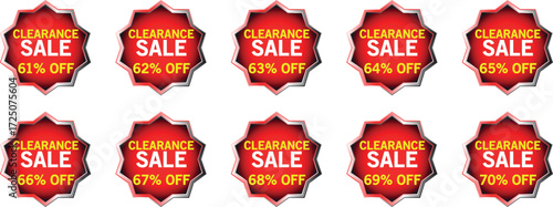 Ten Red Starburst Badges Announcing Clearance Sale Discounts from 61 to 70 Percent Off vector