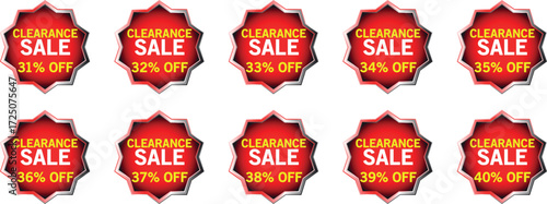 Ten red starburst badges with clearance sale and percentage off discounts vector