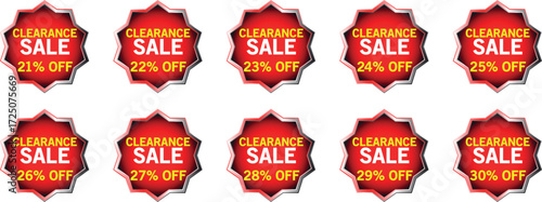 Ten red starburst badges displaying clearance sale discounts from twenty one percent to thirty percent off