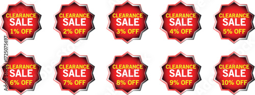 Red starburst badges with clearance sale discount percentages from 1 to 10 percent vector