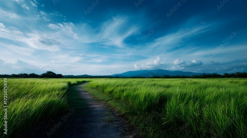Fototapeta premium A winding dirt path leads through a lush green grassy field under a vast blue sky with wispy clouds