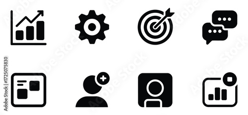 Black business and social media icon set on white background