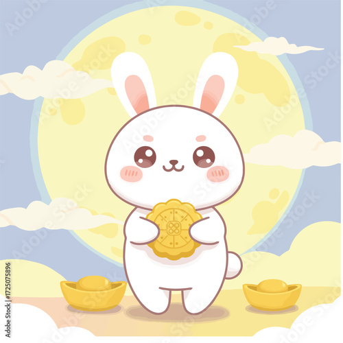Cute cartoon white rabbit holding mooncake with gold ingots.