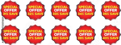 Red starburst badges with text special offer and save percentages 31 to 40 vector