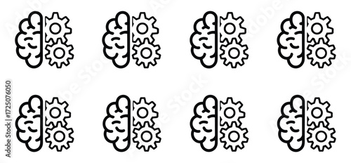 Brain and gears icons representing intelligence, technology, and mental process in eight variations
