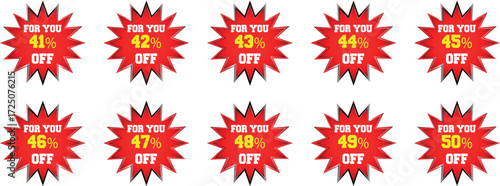Ten red starburst discount badges displaying percentages from forty one to fifty percent off sale offer