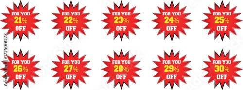 Collection of Red Starburst Discount Badges with Percentages from 21 to 30 Off sale offer