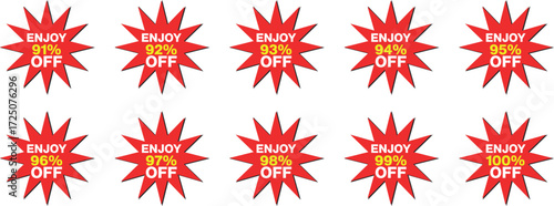Red starburst discount badges showing enjoy 91 percent to 100 percent off sale
