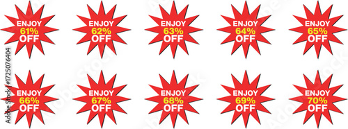 Ten red starburst discount badges with percentages from sixty one to seventy percent off sale