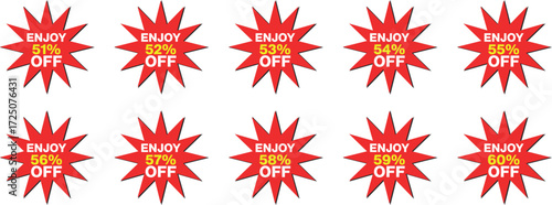 Ten red starburst discount badges with percentage off text sale offer
