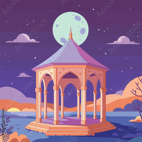 Elegant Octagonal Gazebo with Arched Openings and Ornate Pillars.