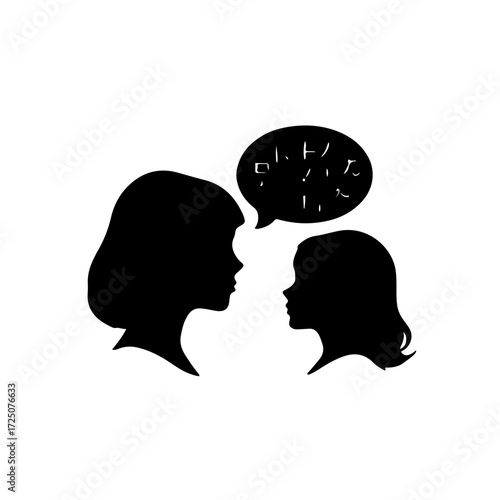 A warm and evocative black and white silhouette icon featuring the profiles of a mother and child facing each other. Between them, a speech bubble emerges, filled with diverse letters and symbols