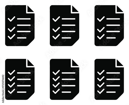 Six black icons of a document checklist with curled corner and tick marks