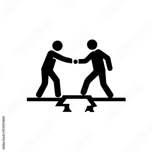A powerful black and white silhouette icon illustrating two human figures on opposite sides of a gap or chasm, with one figure actively helping the other to cross