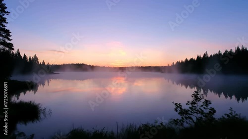 Wallpaper Mural Wide shot of a tranquil, misty wilderness lake at dawn, with thick fog gently rising over still water and distant shores high quality, wide shot, reflective Torontodigital.ca