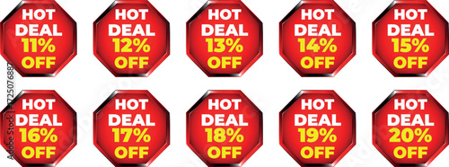 Red octagon badges with hot deal text and percentage discounts from 11 to 20 percent vector