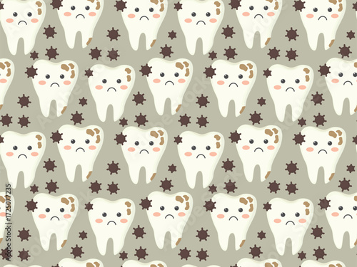 Seamless background with teeth and dark bacterias. Pattern with sad dental characters