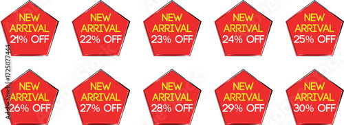 Red pentagon sale badges with yellow and white text showing new arrival discounts from 21 to 30 percent