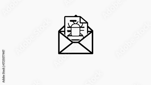 Black and white outline of an open envelope with a document and a bug icon on a white background paper