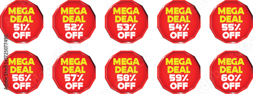 Ten red octagon sale badges with yellow text showing mega deal and percentage off from 51 to 60 percent
