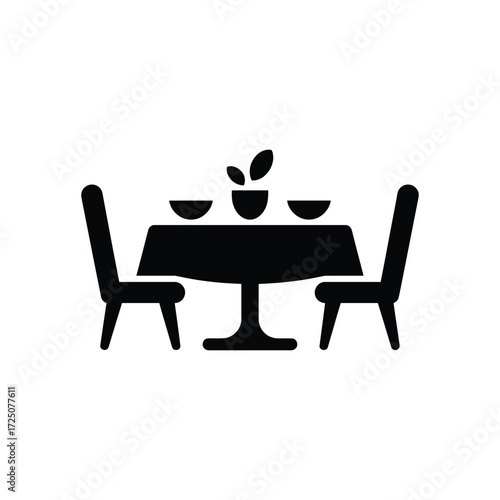 Black And White Dining Table Icon Featuring Chairs, Bowls And Centerpiece
