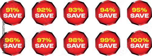 Red Octagonal Sale Badges With Percentage Discounts From 91 To 100 Percent vector