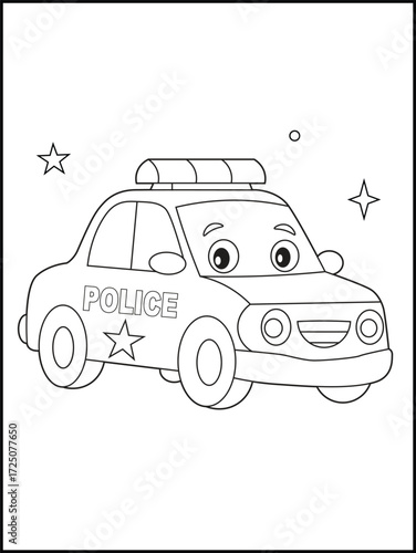 Cartoon Police Car with Stars Coloring Page for Kids. Printable Black and White Line Art for Kids Coloring Book Pages and   Fun Activities