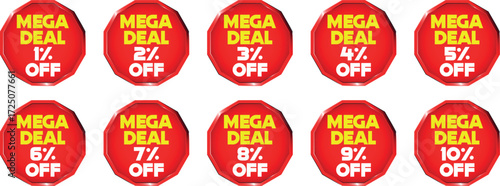 Ten red octagon shaped discount badges with yellow text reading Mega Deal and white text showing percentages from 1 to 10 percent off