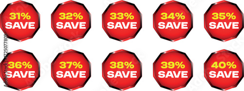Red octagon shaped discount badges displaying percentages from 31 to 40 percent save sale