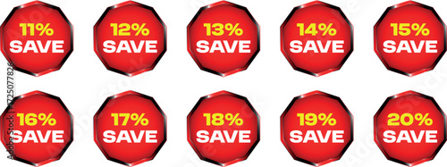 Red octagon badges with yellow percentage and white save text 11 percent to 20 percent sale discount