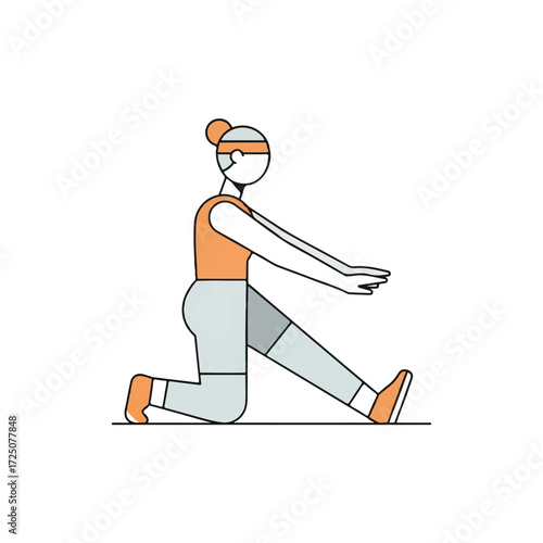 Flat illustration of a woman in an orange outfit stretching her leg on a white background with a dynamic and athletic mood.