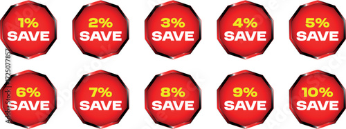 Red Octagonal Discount Badges Showing 1 Percent to 10 Percent Save Text vector