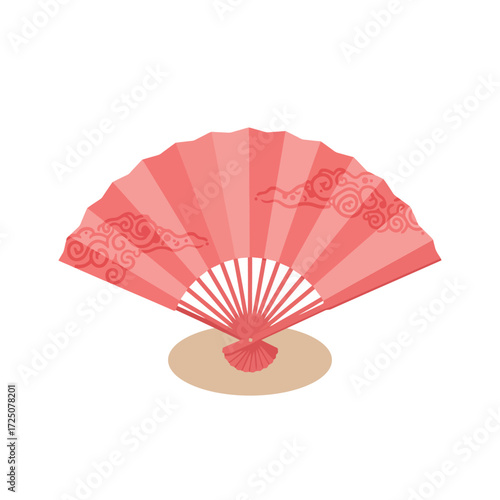 Pink hand fan with clouds and floral design.
