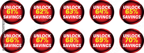 Red circular badges displaying unlock savings percentages from 61 to 70 percent discount sale