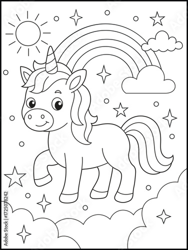 Adorable Unicorn Coloring Page for Kids Featuring a Smiling Cartoon Unicorn with Rainbow, Clouds, Sun, and Stars. Magical Fantasy Activity Sheet for Children