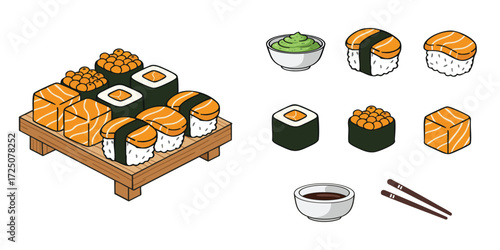 Vector illustration of assorted sushi set on a wooden tray with salmon rolls, nigiri, gunkan with roe, wasabi, soy sauce, and chopsticks in clean cartoon style.