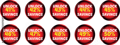 Red circular badges displaying unlock savings percentages from 41 to 50 percent sale discount