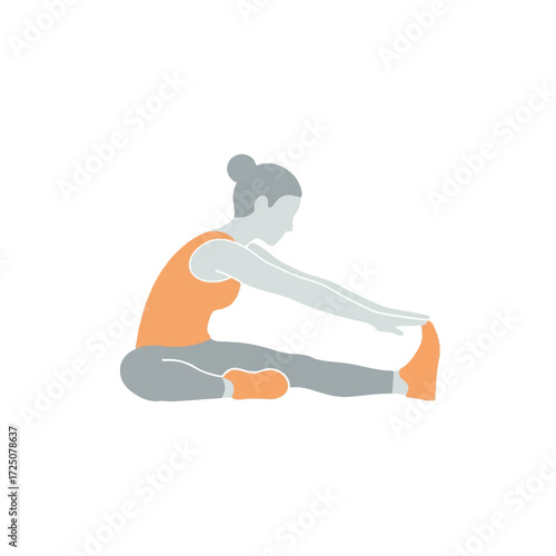A woman in athletic wear sitting on the floor and stretching her leg with a simple graphic design on a plain background.