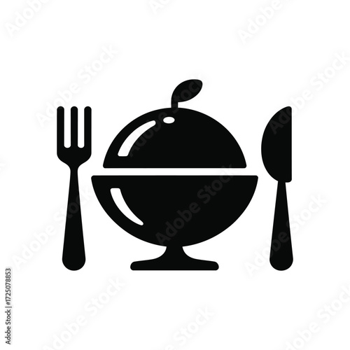 Black And White Icon Of A Serving Dish With Fork And Knife