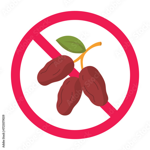 No dates sign, forbidden dates fruit sign, dates fruit prohibited symbol, red crossed circle icon, flat vector illustration
