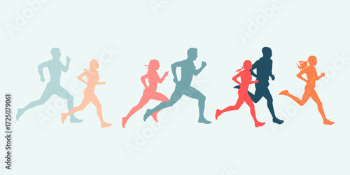 Marathon run. Group of running people, men and women. Isolated vector silhouettes