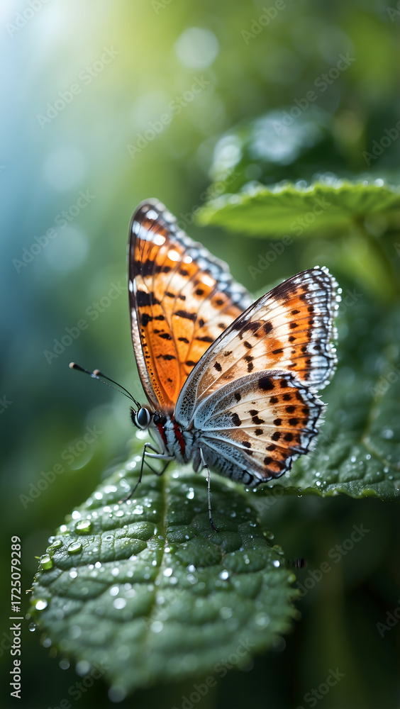 Obraz premium Colorful butterfly on green leaf with dew drops, macro photography