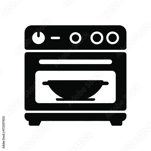 Black And White Icon Of Kitchen Oven With Pot On A White Background