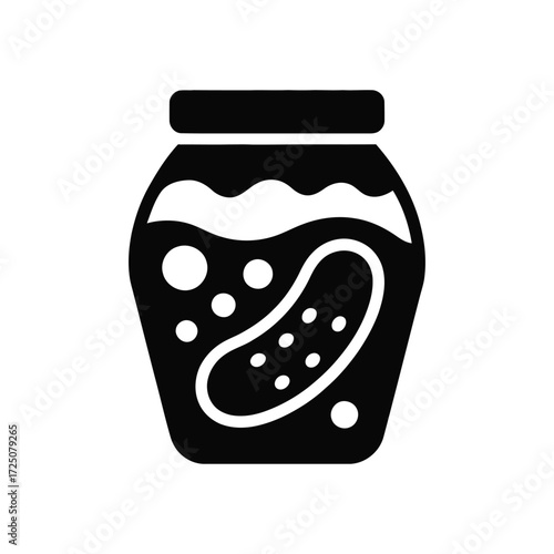 Black And White Icon Of Pickled Cucumber Jar On White Background
