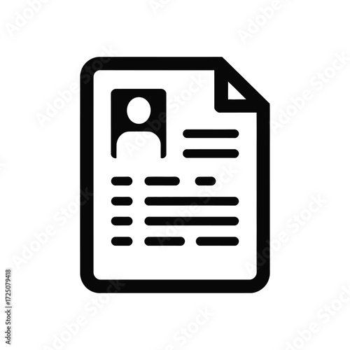 Black And White Icon Showing A Resume Or Profile Document On White Background