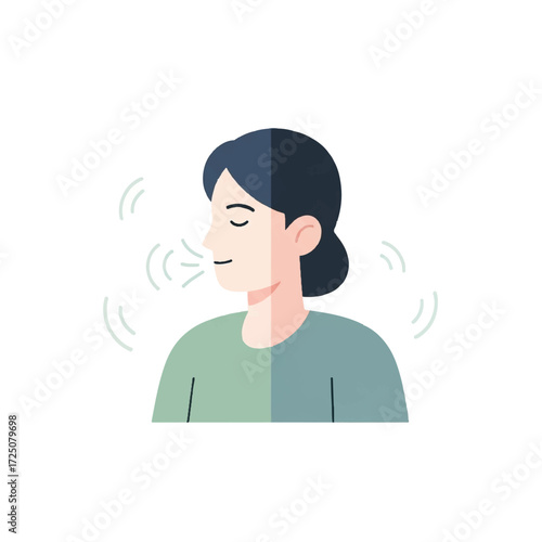 Illustration of a woman with her eyes closed and wavy lines around her face indicating a pleasant smell on a white background with flat design.