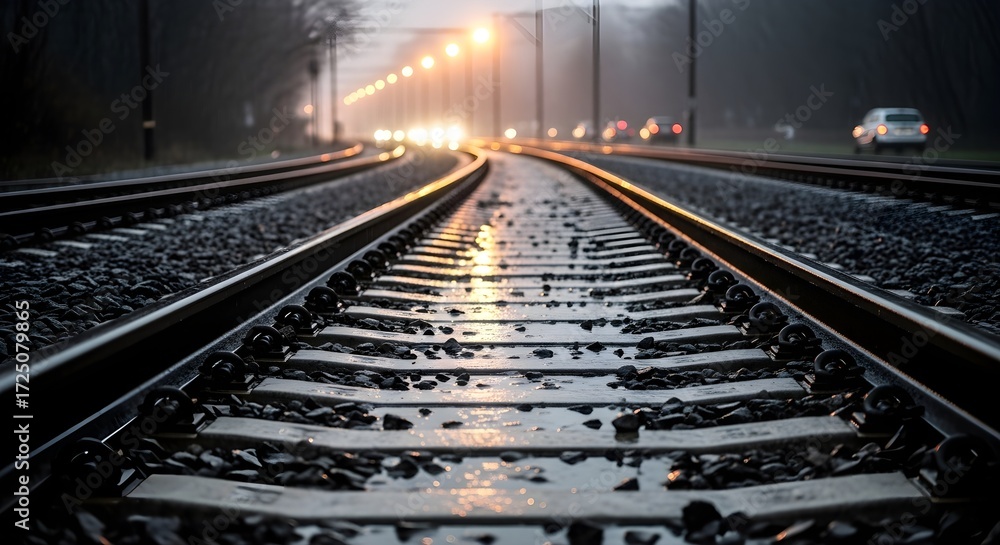 Fototapeta premium Railway Tracks on a Rainy Evening Journey