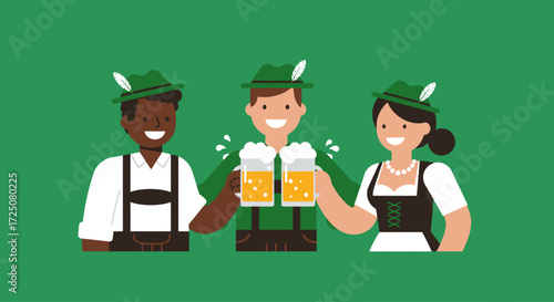 A vibrant flat design vector illustration of a happy and diverse group of friends in traditional Bavarian attire, raising their beer steins in a festive toast, perfectly capturing the spirit