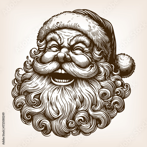 Santa Claus with wide eyes, curly beard, and comical expression, quirky humor sketch engraving generative ai fictional character vector illustration. Scratch board imitation. Black and white image.